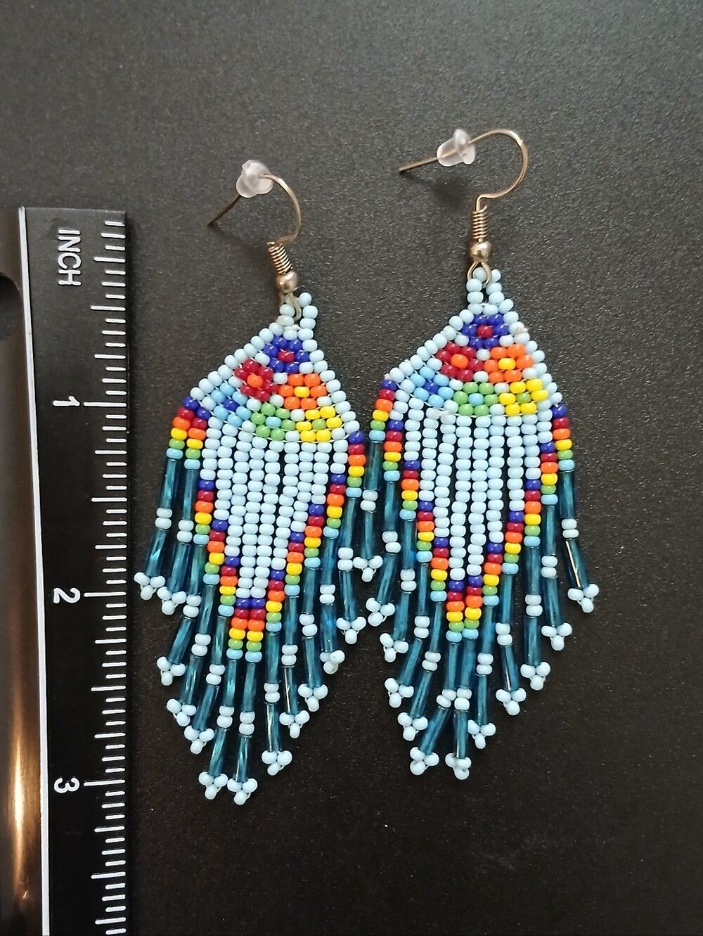 Rainbow Seed Bead Fringe Earrings Light Blue Boho Festival Statement Earrings - Picture 3 of 3
